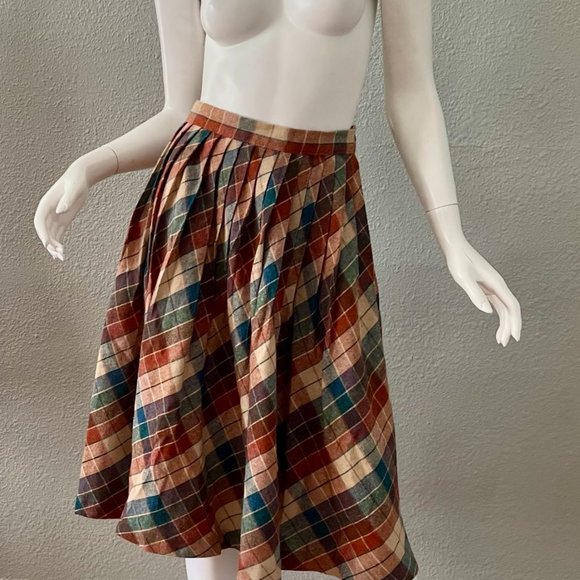 Vintage 70s High Waist Plaid Wool Pleated A-line Midi Skirt XS/S - Picture 7 of 10